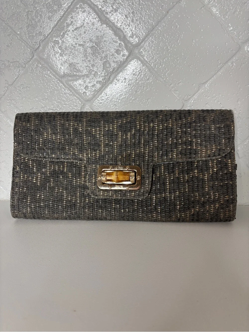 Woven Gray Fold-Over Clutch with Gold-Tone Turnlock